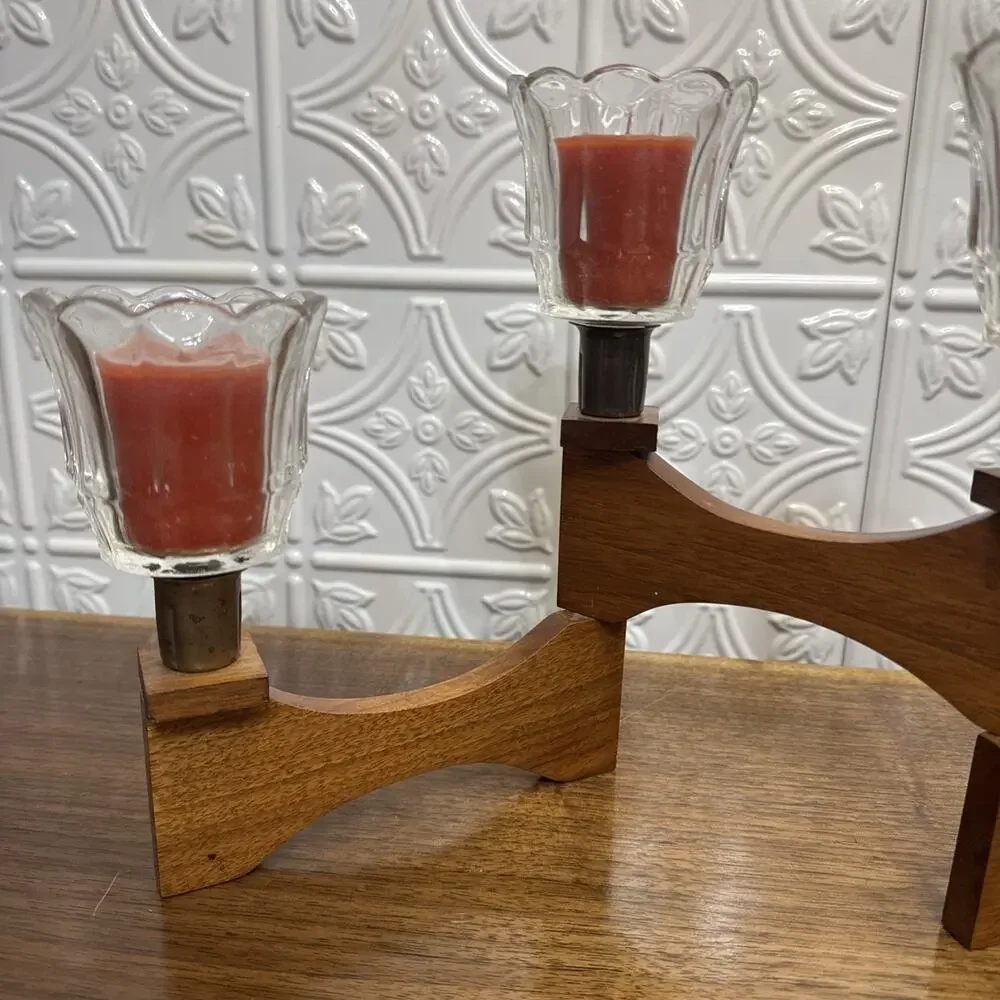 Vtg MCM Wood Brass Articulated 4 Candle Holder Candelabra Danish retro